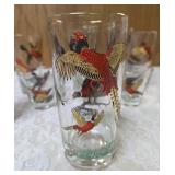 Eight vintage set of Hazel Atlas glassware in the Pheasant pattern, commonly found as part of Mid-Century Modern (MCM) barware sets and 3 shot glasses. Features flying pheasants in red, black and gold