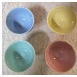 Four Vintage TS&T LuRAy Pastels double egg cups in pastel colors. One French wire kitchen utensil caddy or holder used for organizing silverware, napkins or small jars.