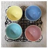 Four Vintage TS&T LuRAy Pastels double egg cups in pastel colors. One French wire kitchen utensil caddy or holder used for organizing silverware, napkins or small jars.