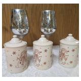 Three LTD 6" Ceramic Canisters and Two Metallic finished wine glasses.  The canisters and the wine glasses both have holiday themes.