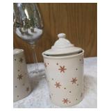 Three LTD 6" Ceramic Canisters and Two Metallic finished wine glasses.  The canisters and the wine glasses both have holiday themes.