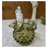 Collection of Decorative items.  Green glass vase, Angel figurine  and small Angel with a bell,  Green Acrylic Bowl and Vintage Bavarian Floral patterned teacup.