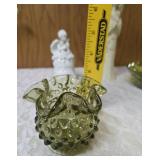 Collection of Decorative items.  Green glass vase, Angel figurine  and small Angel with a bell,  Green Acrylic Bowl and Vintage Bavarian Floral patterned teacup.