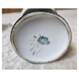 Collection of Decorative items.  Green glass vase, Angel figurine  and small Angel with a bell,  Green Acrylic Bowl and Vintage Bavarian Floral patterned teacup.