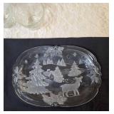 Vintage dishes: Mikasa Christmas Woods Canape Tray, Hazel Atlas vintage leaf-shaped clear glass relish or candy dish , vintage Anchor Hocking clear pressed glass snack tray featuring a grapevine and l