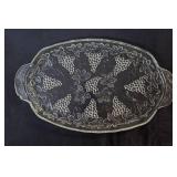 Vintage dishes: Mikasa Christmas Woods Canape Tray, Hazel Atlas vintage leaf-shaped clear glass relish or candy dish , vintage Anchor Hocking clear pressed glass snack tray featuring a grapevine and l