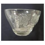 Vintage dishes: Mikasa Christmas Woods Canape Tray, Hazel Atlas vintage leaf-shaped clear glass relish or candy dish , vintage Anchor Hocking clear pressed glass snack tray featuring a grapevine and l