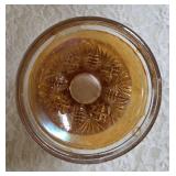 Two Vintage Imperial Carnival Glass.  The dish on the left is a pedestal compote or punch bowl base and the piece on the right is a ruffled edge serving  bowl or fruit dish.  The items are a marigold 