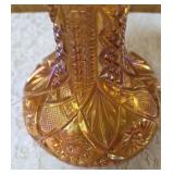 Two Vintage Imperial Carnival Glass.  The dish on the left is a pedestal compote or punch bowl base and the piece on the right is a ruffled edge serving  bowl or fruit dish.  The items are a marigold 