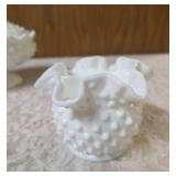 Vintage Fenton hobnail milk glass set features a lidded compote or candy dish and a matching smaller bowl .  The smaller bowl is 2 1/2" Tall.  Popular throughout the mid-20th century.