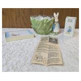 Beatrix Potter Items:  Beatrix Potter writeup from newspaper, Bar of Soap, Notecards, Candy or flower pot Peter Rabbit Bowl.