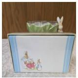 Beatrix Potter Items:  Beatrix Potter writeup from newspaper, Bar of Soap, Notecards, Candy or flower pot Peter Rabbit Bowl.