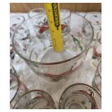 Hazel-Atlas Ice Bowl 5" Deep and  12 glasses featuring "Pheasants" pattern, produced roughly 1950