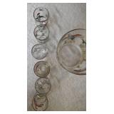 Hazel-Atlas Ice Bowl 5" Deep and  12 glasses featuring "Pheasants" pattern, produced roughly 1950
