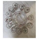 Hazel-Atlas Ice Bowl 5" Deep and  12 glasses featuring "Pheasants" pattern, produced roughly 1950