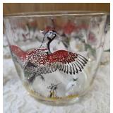 Hazel-Atlas Ice Bowl 5" Deep and  8 Tumblers featuring "Pheasants" pattern, produced roughly 1950