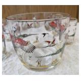 Hazel-Atlas Ice Bowl 5" Deep and  8 Tumblers featuring "Pheasants" pattern, produced roughly 1950