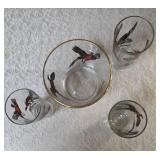 3 - Misc. Glass Sizes and 1 Ice Bowl.  Glassware is likely produced by the Hazel-Atlas Glass Company and features the "Pheasants" pattern, produced roughly 1950