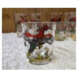 11 -Glasses - Misc., sizes.  Glassware is likely produced by the Hazel-Atlas Glass Company and  features the "Pheasants" pattern, produced roughly 1950