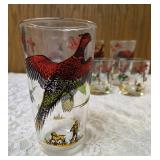 11 -Glasses - Misc., sizes.  Glassware is likely produced by the Hazel-Atlas Glass Company and  features the "Pheasants" pattern, produced roughly 1950