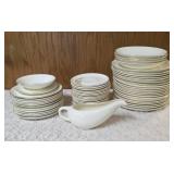 Misc. pieces -20 Dinner plates,12  salad plates, 1 saucer, 1 dessert plate , 1 gravy bowl, 17 coffee plates, 4 bread bowls.  Set of "Homer Laughlin Golden Wheat" dinnerware, featuring 22k gold trim an