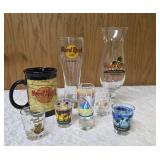 Glasses and mugs from Hard Rock Café and Misc. Shot glasses.
