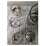 Hazel-Atlas Vintage Mid Century Glass Cocktail Shaker Drink Mixer and 6 Glasses set featuring the Pheasant Birds.