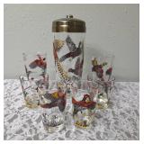 One Vintage Mid Century Glass Cocktail Shaker Drink Mixer and 6 Glasses (Misc. Size) set featuring the Pheasant Birds from the likely produced by Hazel-Atlas Glass Company.