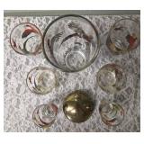 One Vintage Mid Century Glass Cocktail Shaker Drink Mixer and 6 Glasses (Misc. Size) set featuring the Pheasant Birds from the likely produced by Hazel-Atlas Glass Company.