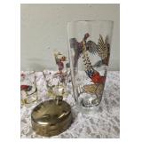 One Vintage Mid Century Glass Cocktail Shaker Drink Mixer and 6 Glasses (Misc. Size) set featuring the Pheasant Birds from the likely produced by Hazel-Atlas Glass Company.