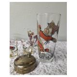One Vintage Mid Century Glass Cocktail Shaker Drink Mixer and 6 Glasses (Misc. Size) set featuring the Pheasant Birds from the likely produced by Hazel-Atlas Glass Company.