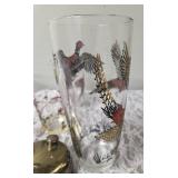 One Vintage Mid Century Glass Cocktail Shaker Drink Mixer and 6 Glasses (Misc. Size) set featuring the Pheasant Birds from the likely produced by Hazel-Atlas Glass Company.