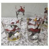 One Vintage Mid Century Glass Cocktail Shaker Drink Mixer and 6 Glasses (Misc. Size) set featuring the Pheasant Birds from the likely produced by Hazel-Atlas Glass Company.
