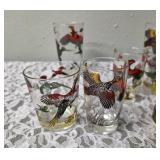 One Vintage Mid Century Glass Cocktail Shaker Drink Mixer and 6 Glasses (Misc. Size) set featuring the Pheasant Birds from the likely produced by Hazel-Atlas Glass Company.