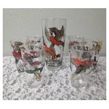 One Vintage Mid Century Glass Cocktail Shaker Drink Mixer without shaker top and 6 Misc. Glasses set featuring the Pheasant Birds from the likely produced by Hazel-Atlas Glass Company.