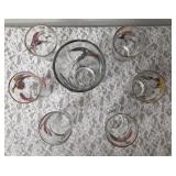 One Vintage Mid Century Glass Cocktail Shaker Drink Mixer without shaker top and 6 Misc. Glasses set featuring the Pheasant Birds from the likely produced by Hazel-Atlas Glass Company.