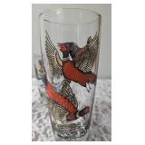 One Vintage Mid Century Glass Cocktail Shaker Drink Mixer without shaker top and 6 Misc. Glasses set featuring the Pheasant Birds from the likely produced by Hazel-Atlas Glass Company.