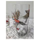 One Vintage Mid Century Glass Cocktail Shaker Drink Mixer without shaker top and 6 Misc. Glasses set featuring the Pheasant Birds from the likely produced by Hazel-Atlas Glass Company.