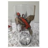 One Vintage Mid Century Glass Cocktail Shaker Drink Mixer without shaker top and 6 Misc. Glasses set featuring the Pheasant Birds from the likely produced by Hazel-Atlas Glass Company.