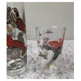 One Vintage Mid Century Glass Cocktail Shaker Drink Mixer without shaker top and 6 Misc. Glasses set featuring the Pheasant Birds from the likely produced by Hazel-Atlas Glass Company.