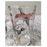 One Vintage Mid Century Glass Cocktail Shaker Drink Mixer without shaker top and 6 Misc. Glasses set featuring the Pheasant Birds from the likely produced by Hazel-Atlas Glass Company.