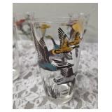 One Vintage Mid Century Glass Cocktail Shaker Drink Mixer without shaker top and 6 Misc. Glasses set featuring the Pheasant Birds from the likely produced by Hazel-Atlas Glass Company.