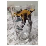 One Vintage Mid Century Glass Cocktail Shaker Drink Mixer without shaker top and 6 Misc. Glasses set featuring the Pheasant Birds from the likely produced by Hazel-Atlas Glass Company.