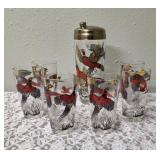 One Vintage Mid Century Glass Cocktail Shaker Drink Mixer and 6 Glasses set featuring the Pheasant Birds from the likely produced by Hazel-Atlas Glass Company.