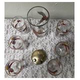 One Vintage Mid Century Glass Cocktail Shaker Drink Mixer and 6 Glasses set featuring the Pheasant Birds from the likely produced by Hazel-Atlas Glass Company.