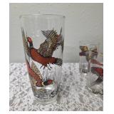 One Vintage Mid Century Glass Cocktail Shaker Drink Mixer and 6 Glasses set featuring the Pheasant Birds from the likely produced by Hazel-Atlas Glass Company.