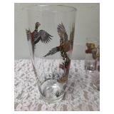 One Vintage Mid Century Glass Cocktail Shaker Drink Mixer and 6 Glasses set featuring the Pheasant Birds from the likely produced by Hazel-Atlas Glass Company.