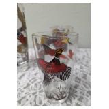 One Vintage Mid Century Glass Cocktail Shaker Drink Mixer and 6 Glasses set featuring the Pheasant Birds from the likely produced by Hazel-Atlas Glass Company.