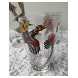 One Vintage Mid Century Glass Cocktail Shaker Drink Mixer and 6 Glasses set featuring the Pheasant Birds from the likely produced by Hazel-Atlas Glass Company.