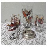 One Vintage Mid Century Glass Cocktail Shaker Drink Mixer and 6 Glasses set featuring the Pheasant Birds from the likely produced by Hazel-Atlas Glass Company.